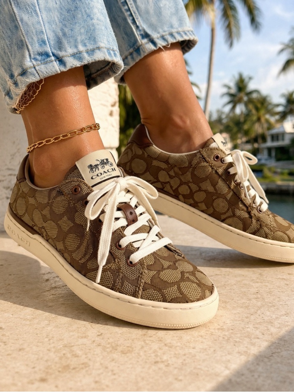 Coach Monogram 7.5 Low-Top Sneakers in Brown and Cream